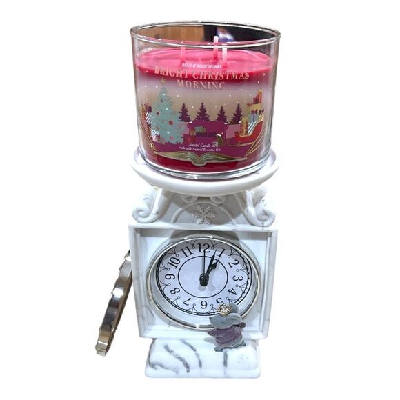 Bath & Body Works 2022 Christmas Clock And Mouse 3 Wick Candle Holder Pedestal - Picture 2 of 5